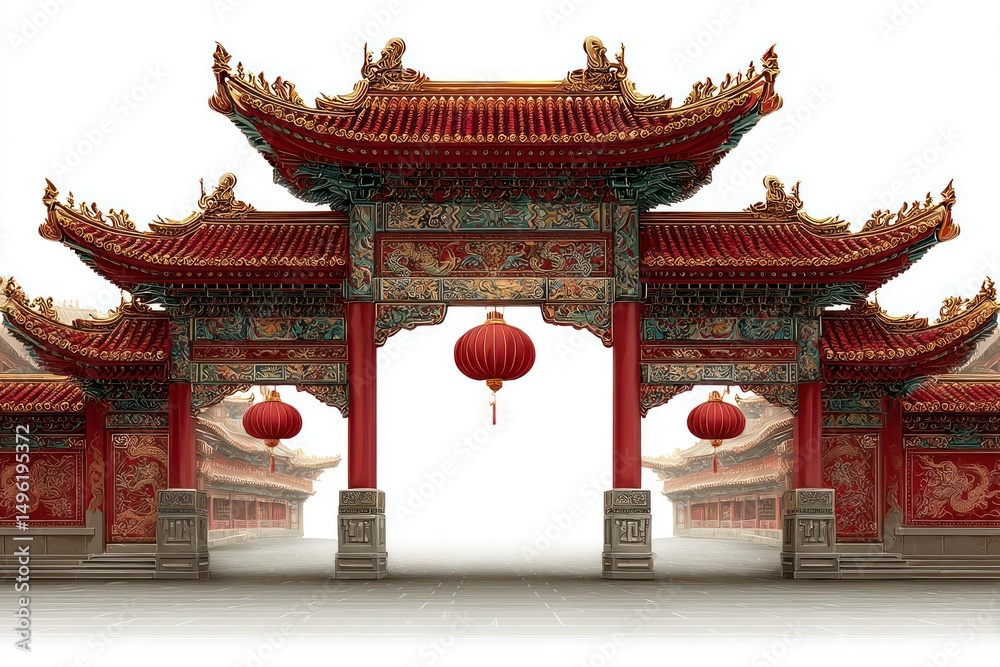 Fototapeta premium Traditional Architecture with Ornate Red Lanterns and Intricate Roof Design