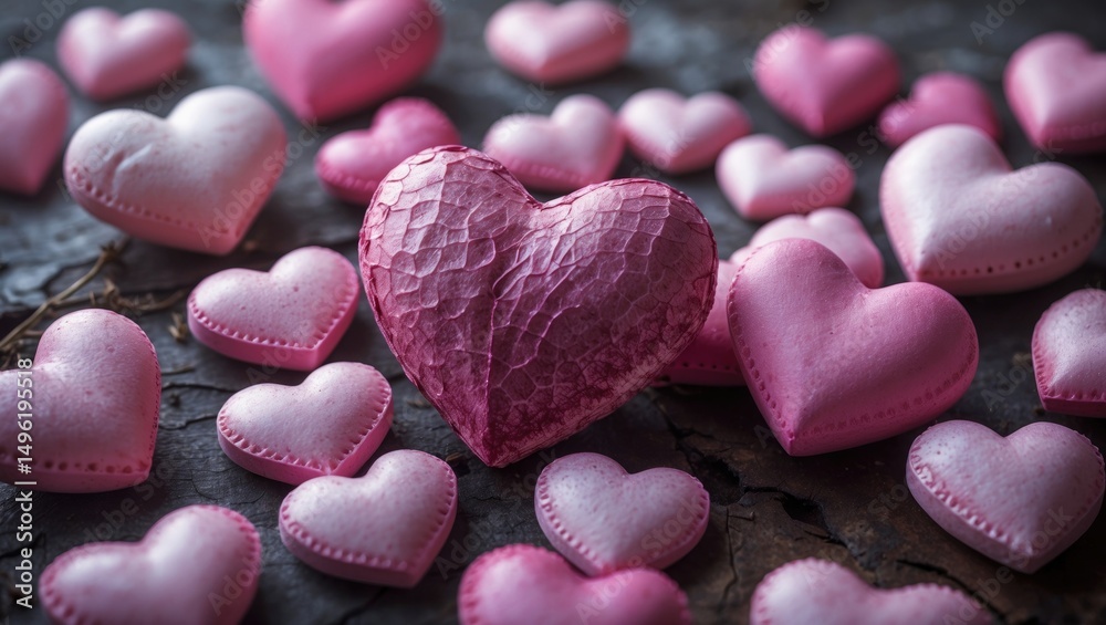 Fototapeta premium A collection of pink hearts arranged on a dark surface, featuring various sizes and textures of hearts.