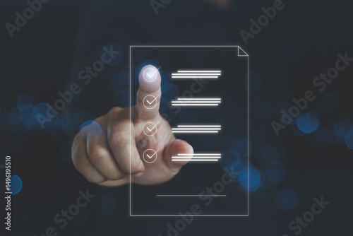 Audit business concept. Checklist auditing accounts within the organization. Policy procedure document data system report HR technology businessman checking white document report paper of files icon.