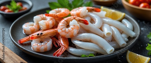 Fresh Small Shrimp and Squid on a Plate, Raw Before Cooking, Organic Food, Seafood, with Empty Space for Text photo