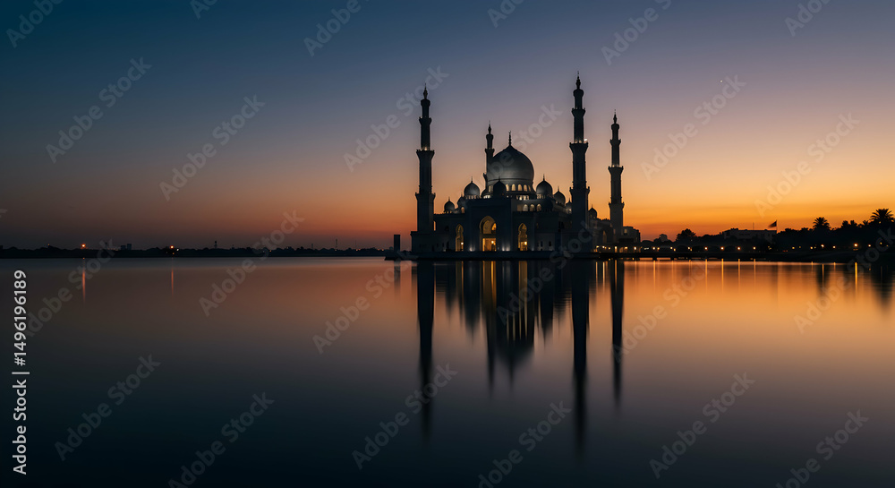 Naklejka premium Mosque, Sunset, Sunrise, Majestic Mosque at Sunset, Reflection in Calm Water
