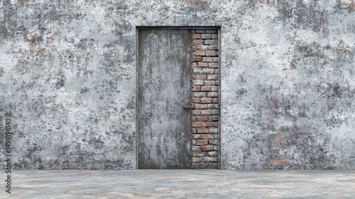 Gray weathered wall with aged wooden door and brick.