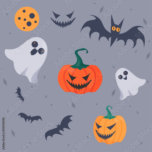 Halloween vector elements set with pumpkin, bat, ghost characters. Holiday vector illustration, elements for design, pattern, clip art.
