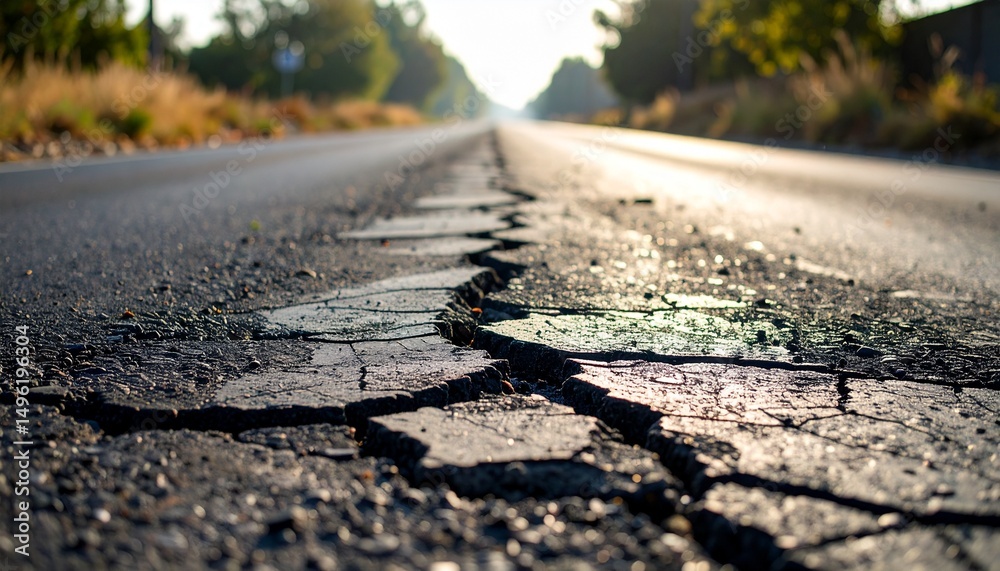 Obraz premium Close-up photography of cracked and uneven road surfaces, dusty atmosphere, roads in poor condition
