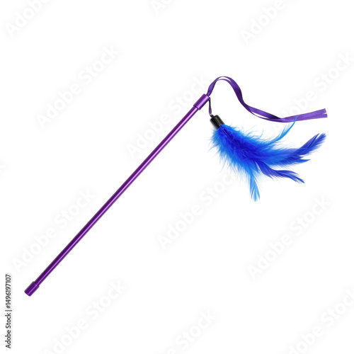 Purple Cat Wand Toy with Blue Feathers