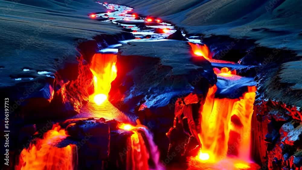 Fantastic landcape of fiery waterfalls flowing through a dark canyon,  an imaginary terrain with vibrant hot colors creating stunning visual impact.