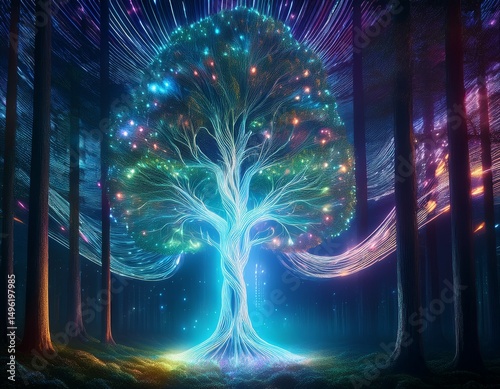 chrono luminescence futuristic light tree illustrating divergent timelines in digital forest