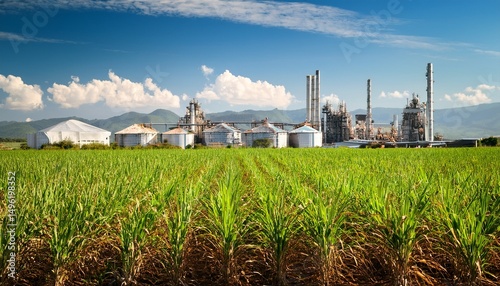 sugarcane plantation with processing factory in the backdrop sustainable agriculture and biofuel production