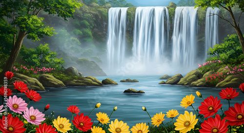Waterfall, Landscape, Nature, Serene Waterfall Landscape with Vibrant Flowers