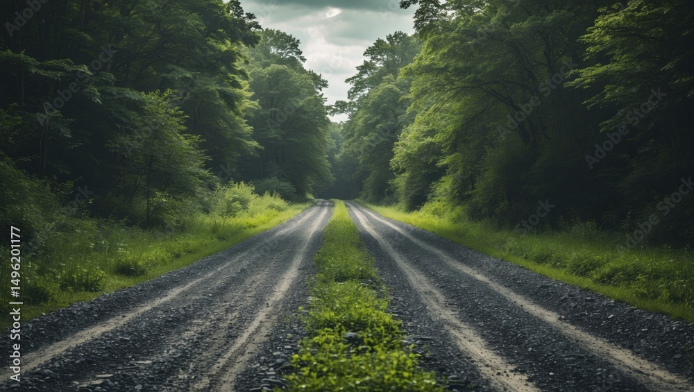 Fototapeta premium Green Summer Gravel Road with Empty Space for Text