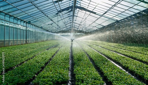 a greenhouse with a sprinkler system spraying water on the plants
