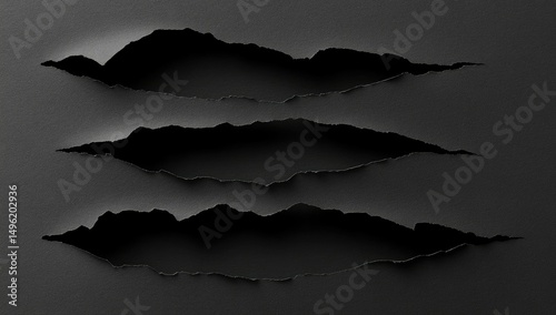 Three horizontal claw marks tear through a dark gray surface, revealing a black abyss within each jagged opening.  The rips are uneven and suggest a forceful ripping action