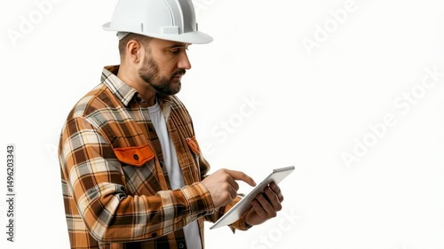 Construction worker using tablet, wearing hard hat and plaid shirt on white background