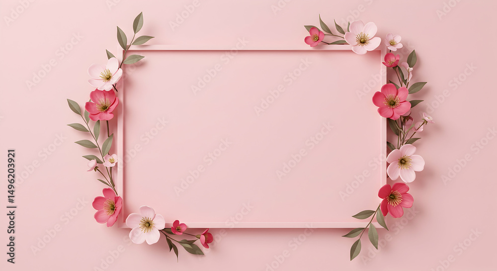 Fototapeta premium Pink flowers, Red flowers, Flower frame, Pink and Red Flowers Frame on Pink Background