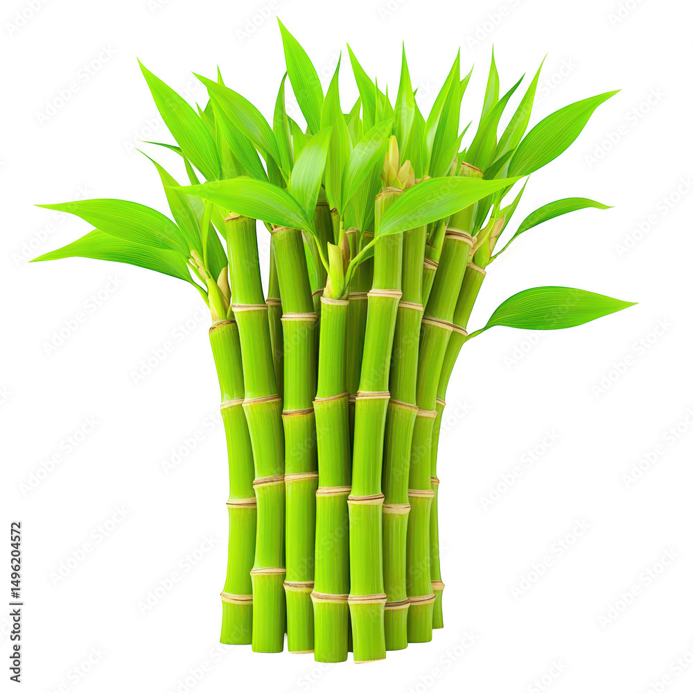 Fototapeta premium Arrangement of vibrant green bamboo stalks and leaves on transparent background