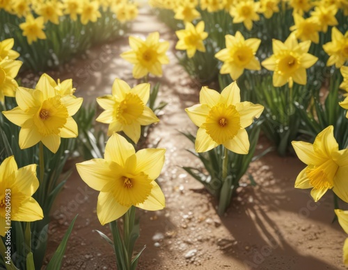 Close-up view of glistening daffodil petals, sunny day, bright yellow , flowering, cheerful, spring blossom