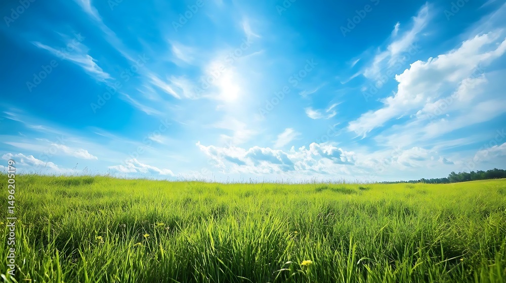Fototapeta premium Expansive field of vibrant green grass under a vivid blue sky.