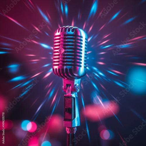 studio retro microphone with disco lighting background with a sense of 80