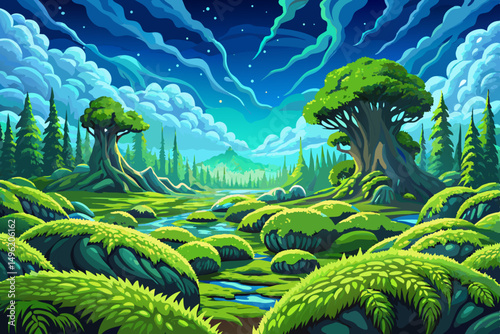 mottled green moss field in primeval forest landscape