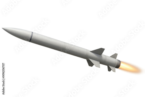 Realistic 3d rendering of a white missile flying, with engine emitting fire and smoke, isolated on transparent background
