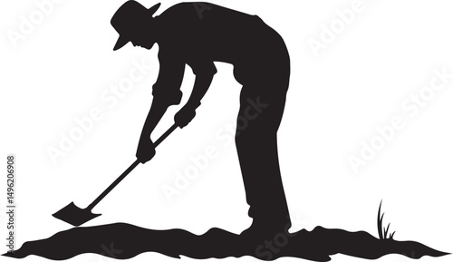 Farmer Hoeing the Soil Silhouette Vector Illustration on Transparent Background