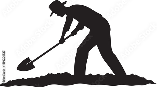 Farmer Hoeing the Soil Silhouette Vector Illustration on Transparent Background