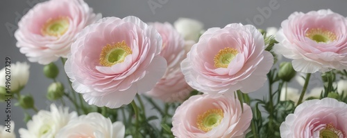 Delicate pink & white ranunculus blossoms, close-up view , botanical, delicate