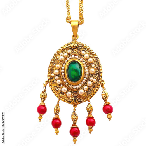 Ornate golden pendant with emerald and pearls dangling on transparent background