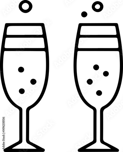 Two champagne glasses line icon with bubbles. Celebration symbol for new year greeting card, wedding. Doodle party toast concept.