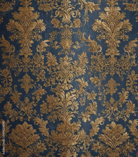Intricate gold & blue damask floral wallpaper  Seamless pattern , deco, leaf