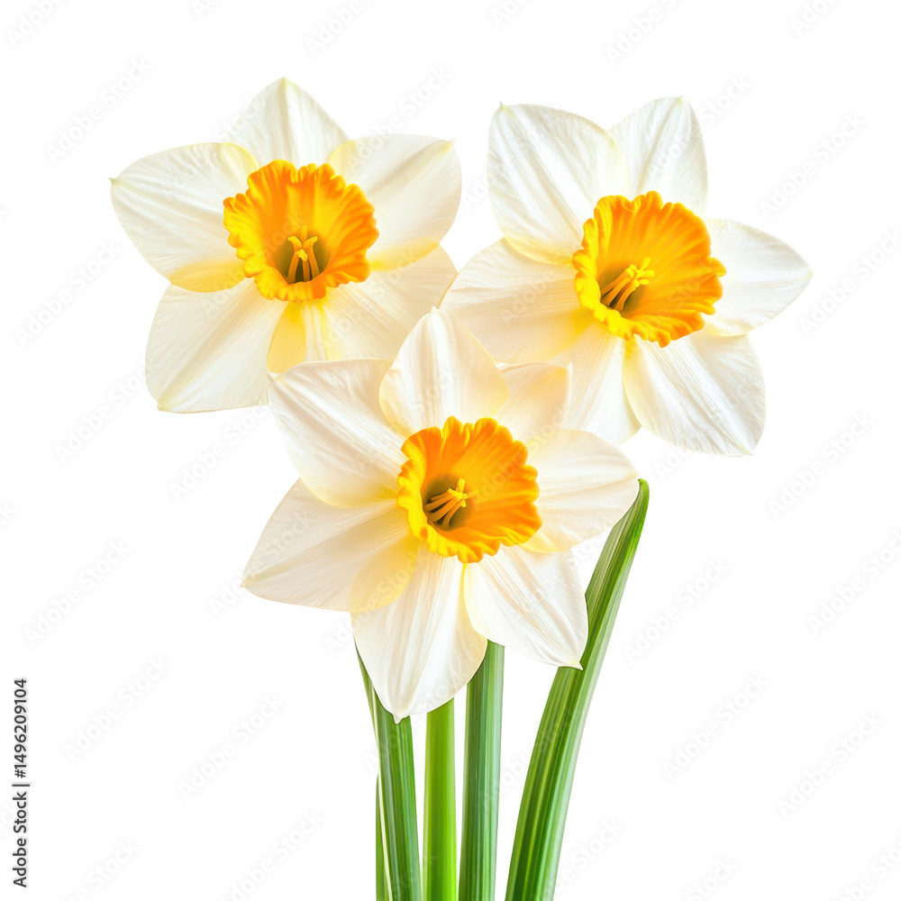 Fototapeta premium Three vibrant daffodil blooms with stems and leaves on transparent background