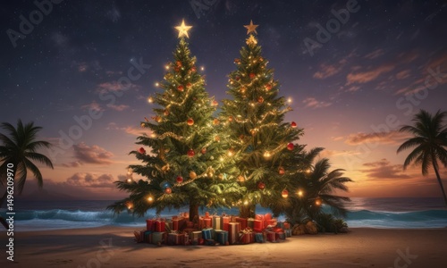 Ornate Christmas tree glowing against a starlit tropical sky, secluded holiday , solitude, holiday, ornaments