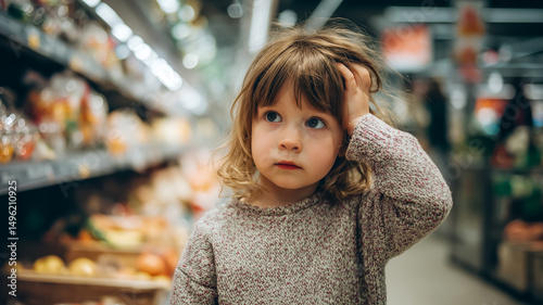 Wallpaper Mural Pensive child in a cozy sweater stands in a grocery aisle, her hand on her head, looking up with a thoughtful expression. Torontodigital.ca