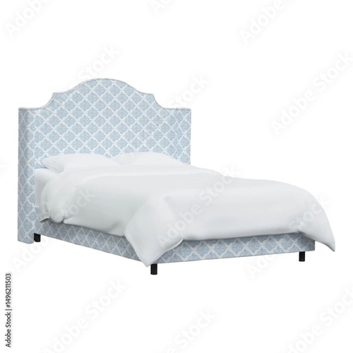 Elegant Light Blue Upholstered Bed with Patterned Headboard