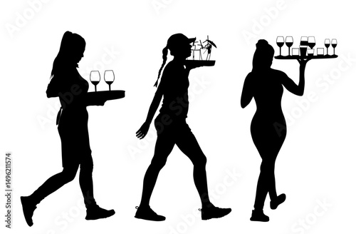 Female hurry crew in rush waiters holding tray order drinks for guests vector silhouette isolated. Restaurant woman servant taking orders. Pub workers waitress serve wine. Barman cocktails beverage.