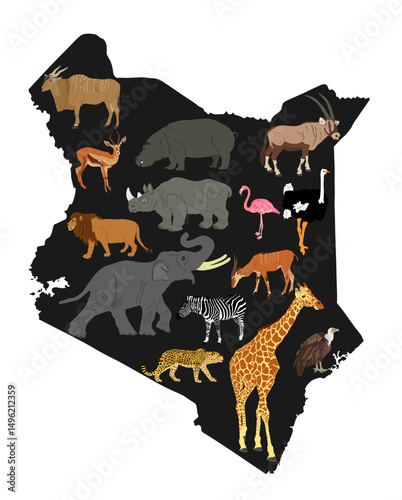 Kenya safari animal over Kenya map vector silhouette illustration isolated on background. Tourist invite to observing wildlife in national park. Africa wildlife. Giraffe, zebra, lion, elephant, rhino.