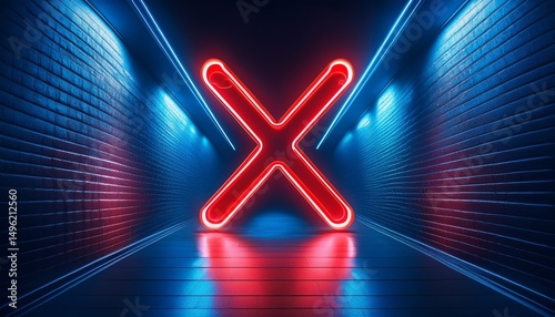 a red neon x sign glows ominously in a dark corridor with blue lighting concept of danger warning and futuristic restriction