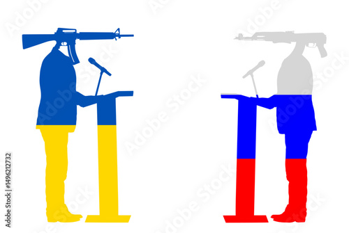 Enemy army negotiation Ukraine flag politician against Russia flag vector silhouette illustration isolated. Rifle head man war combat crisis diplomacy deal. Diplomat agreement strategy for peace.