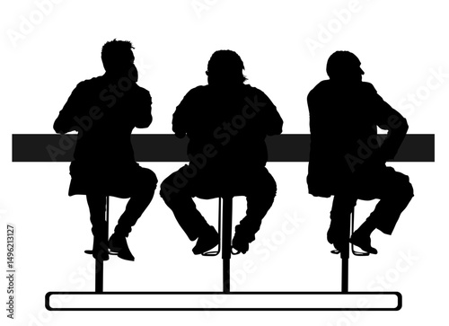People sitting in bar and drinking alcohol beverage vector silhouette illustration isolated. Crew party friends night life guests. Drunk man businessman crew meeting talk. Relaxation after work.