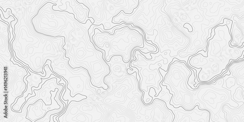 Abstract light gray and white abstract topographic map illustration with contour wavey lines, showing elevation changes and terrain features in a stylized  topo.