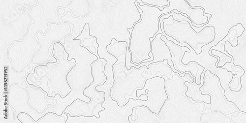 Abstract light gray and white abstract topographic map illustration with contour wavey lines, showing elevation changes and terrain features in a stylized  topo.