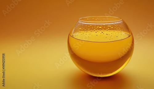 A spherical glass bowl, partially filled with a translucent, amber liquid, sits on a matching yellow background.  Condensation is visible on the exterior of the bowl