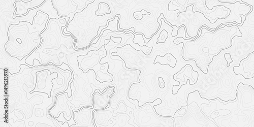 Abstract light gray and white abstract topographic map illustration with contour wavey lines, showing elevation changes and terrain features in a stylized  topo.