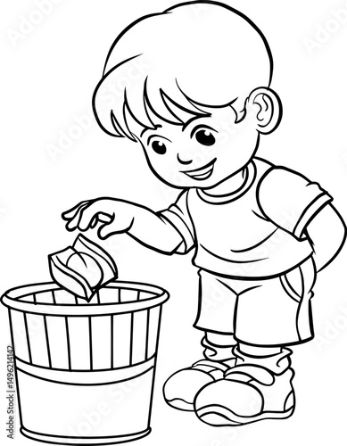 children throw rubbish in its place line vector illustration isolated on white background