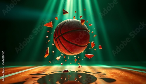 Basketball Crashing Through Court with Shattered Pieces and Dramatic Lighting