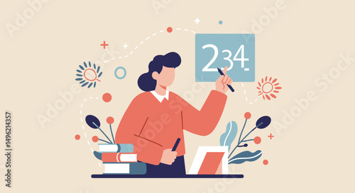 Woman calculating numbers while studying with books and plants  