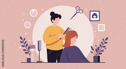 Hairdresser styling woman's hair in modern salon with plants  