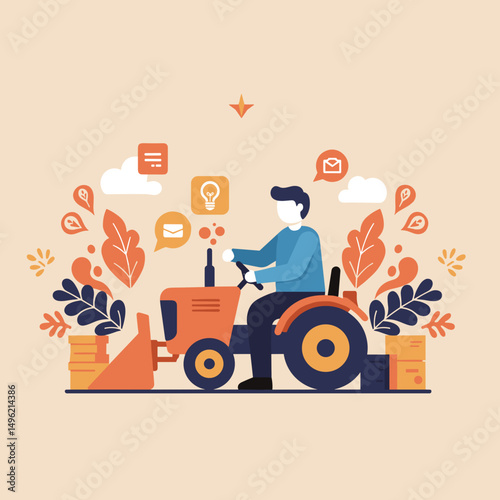 Man driving tractor with leaves and icons in a farm setting  