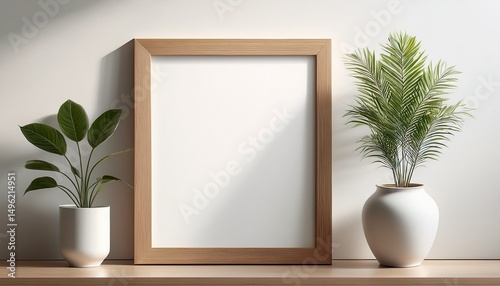 a mockup of an empty wooden frame with a blank white canvas leaning against the wall in a minimalist style room with plants and natural light