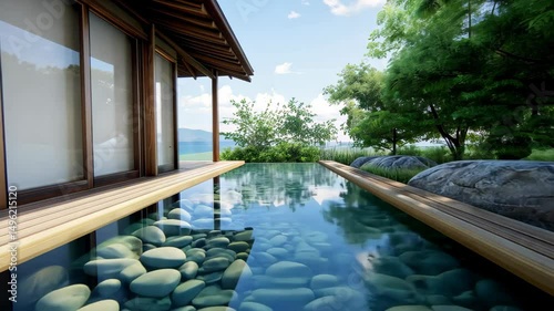 Zen-Inspired Serenity: An expansive, elegant home with a long, rectangular pool reflects the surrounding natural environment.